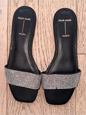 Black Suede Studio Alexandra Slide Sandals with Crystal Strap + Black leather